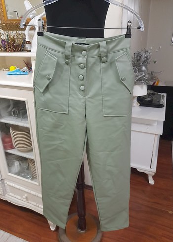 Kadın Haki Deri Düğmeli  Boyfriend Pantolon - Görsel 13