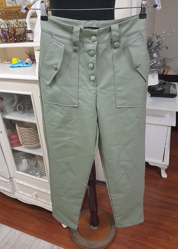 Kadın Haki Deri Düğmeli  Boyfriend Pantolon - Görsel 18