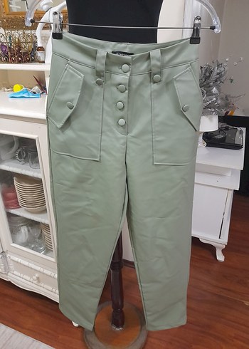 Kadın Haki Deri Düğmeli  Boyfriend Pantolon - Görsel 17