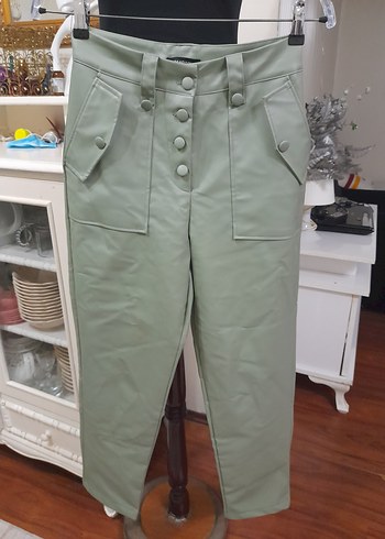 Kadın Haki Deri Düğmeli  Boyfriend Pantolon - Görsel 15