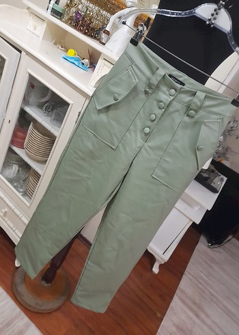 Kadın Haki Deri Düğmeli  Boyfriend Pantolon - Görsel 10