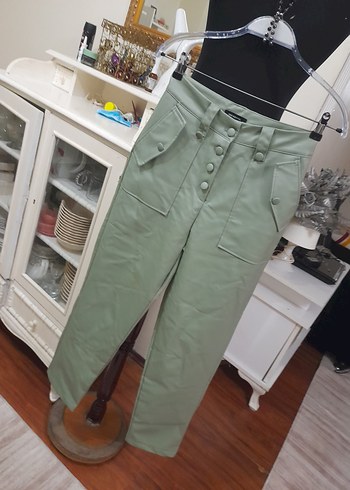 Kadın Haki Deri Düğmeli  Boyfriend Pantolon - Görsel 5