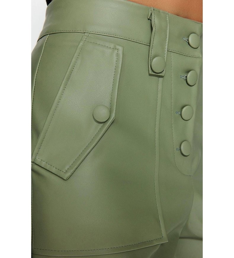 Kadın Haki Deri Düğmeli  Boyfriend Pantolon - Görsel 2