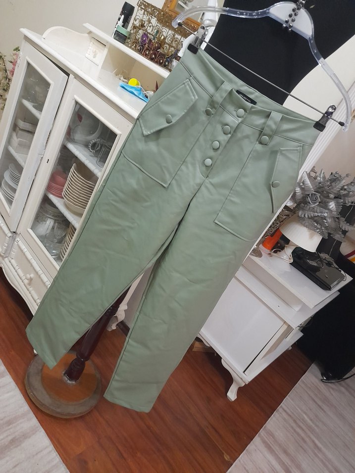 Kadın Haki Deri Düğmeli  Boyfriend Pantolon - Görsel 4