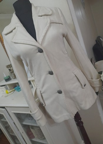 Düğmeli ekru  Midi Kadın Kaban - Görsel 16