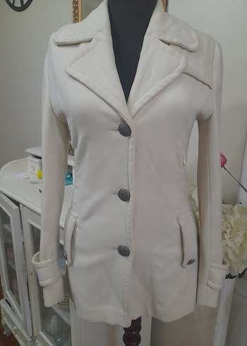 Düğmeli ekru  Midi Kadın Kaban - Görsel 6