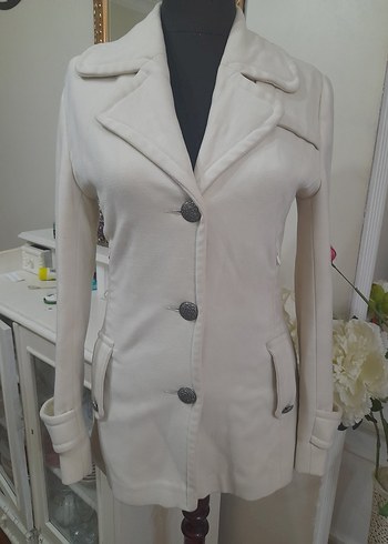 Düğmeli ekru  Midi Kadın Kaban - Görsel 4