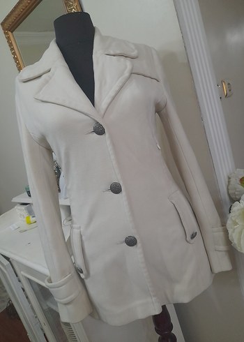 Düğmeli ekru  Midi Kadın Kaban - Görsel 9