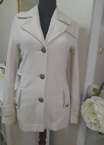 Düğmeli ekru  Midi Kadın Kaban - Görsel 7