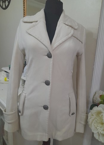 Düğmeli ekru  Midi Kadın Kaban - Görsel 12