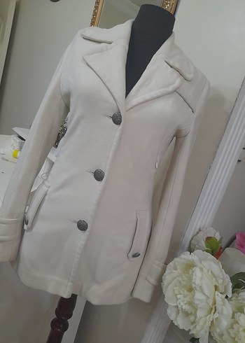 Düğmeli ekru  Midi Kadın Kaban - Görsel 8