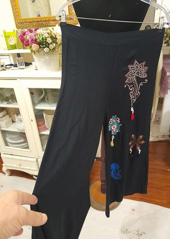 Diğer Püsküllü Nakışlı Bohem Siyah Kadın Kumaş Pantolon