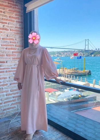 Pembe Salaş kemerli Uzun Elbise
