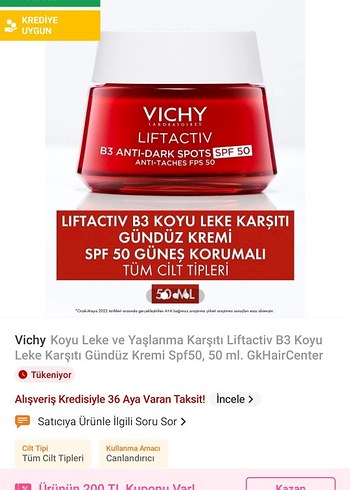 VICHY VICHY LIFTACTIV B3ANTI GÜNEŞ KREMİ SPF50