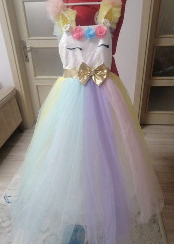 Kız Çocuk Çok Renkli Unicorn Elbise - Görsel 3