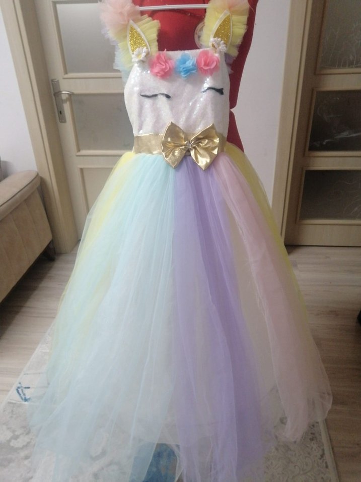 Kız Çocuk Çok Renkli Unicorn Elbise - Görsel 3