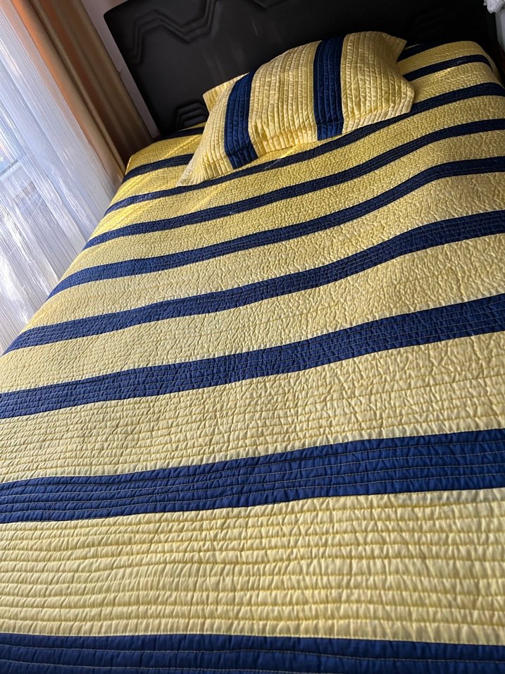 Casandra Sarı Lacivert Çizgili Yatak Örtüsü az kullanılmış tek - Görsel 2