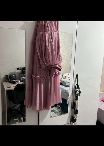 Pembe Uzun Katlı Fırfırlı Bohem Abiye - Görsel 2