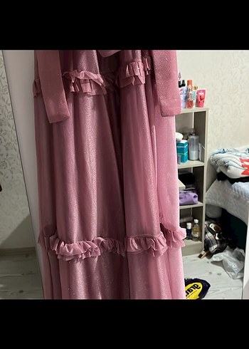 Pembe Uzun Katlı Fırfırlı Bohem Abiye - Görsel 4