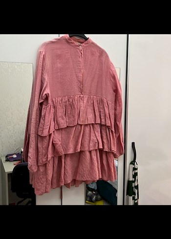 Pembe Kat Kat Fırfırlı Uzun Keten Tunik - Görsel 2