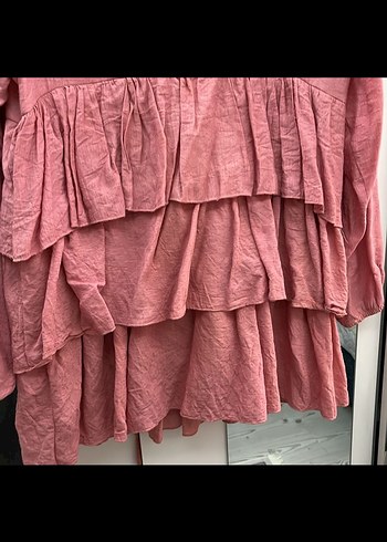 Pembe Kat Kat Fırfırlı Uzun Keten Tunik - Görsel 3