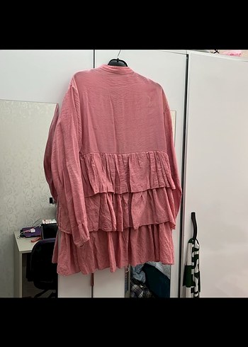 Pembe Kat Kat Fırfırlı Uzun Keten Tunik - Görsel 5