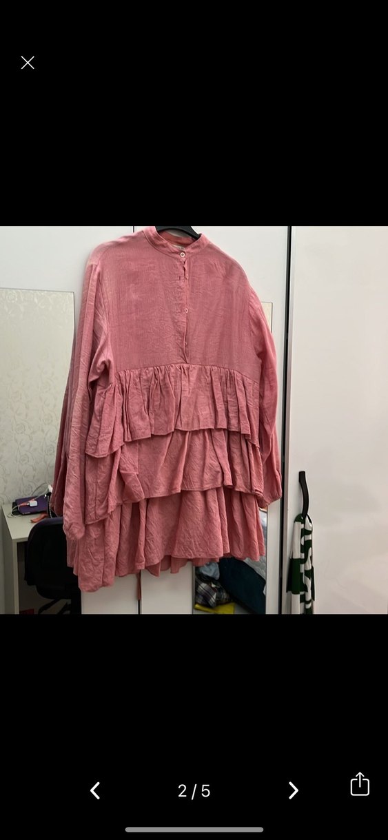 Pembe Kat Kat Fırfırlı Uzun Keten Tunik - Görsel 2