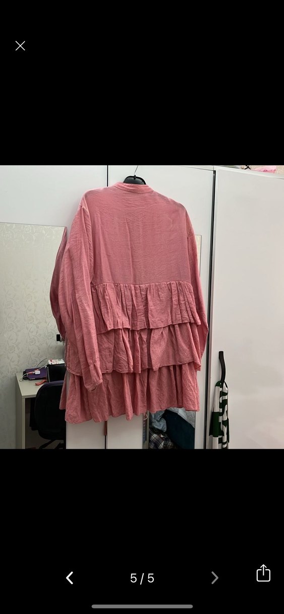 Pembe Kat Kat Fırfırlı Uzun Keten Tunik - Görsel 5