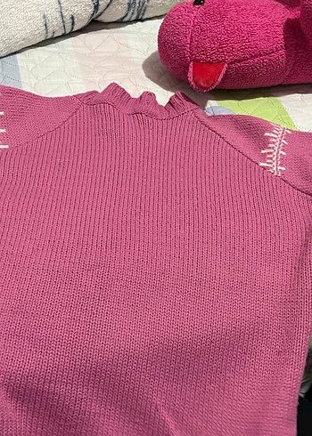 Nakışlı Pembe ve Haki Yeşili Kadın Triko Kazak - Görsel 6