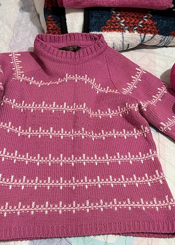 Nakışlı Pembe ve Haki Yeşili Kadın Triko Kazak - Görsel 3