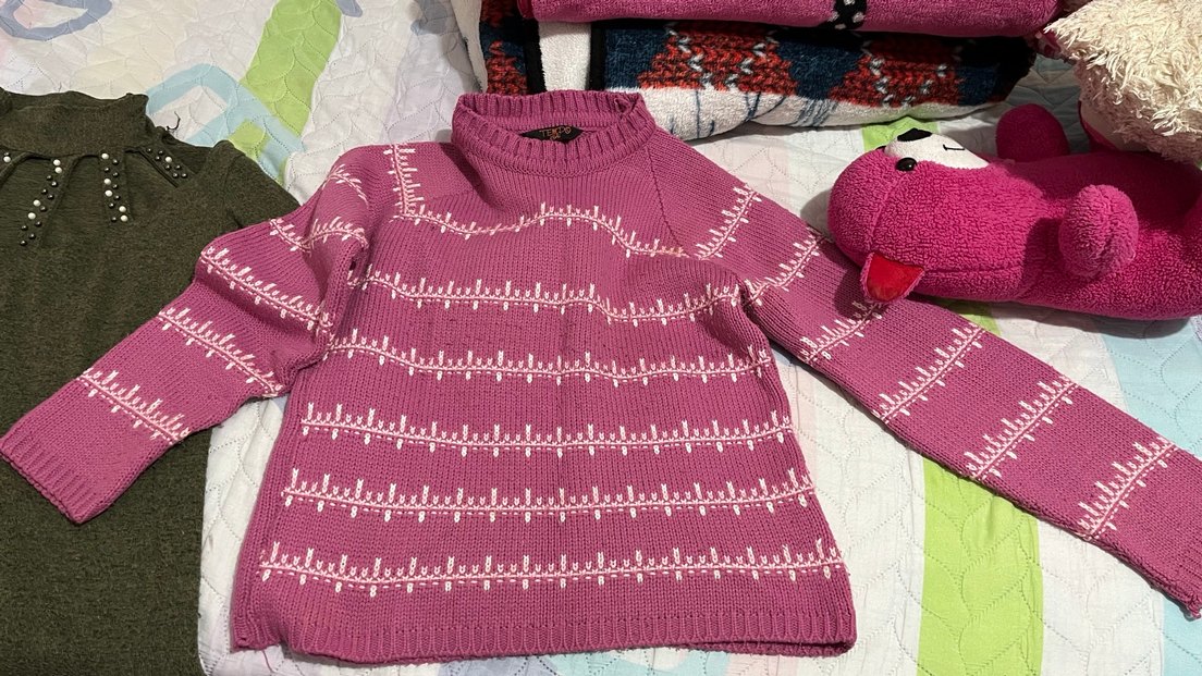 Nakışlı Pembe ve Haki Yeşili Kadın Triko Kazak - Görsel 3