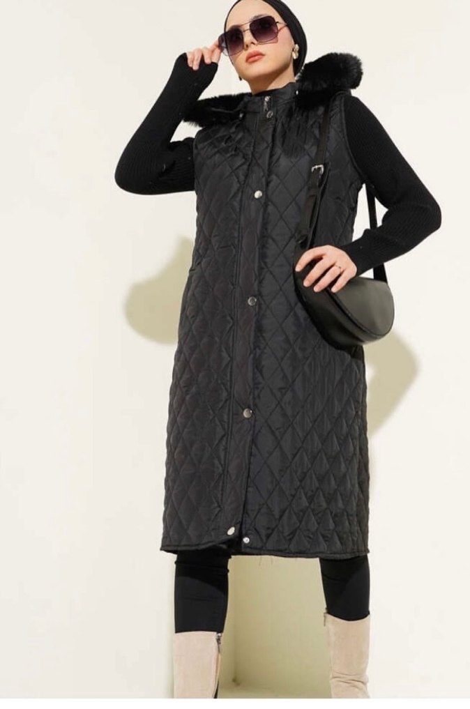 Siyah Kapitone Uzun Sıfır Kol Kadın Yelek - Görsel 4