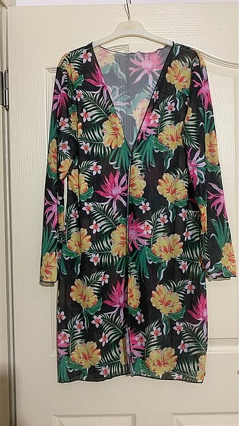 Tropikal Desenli tül kimono pareo