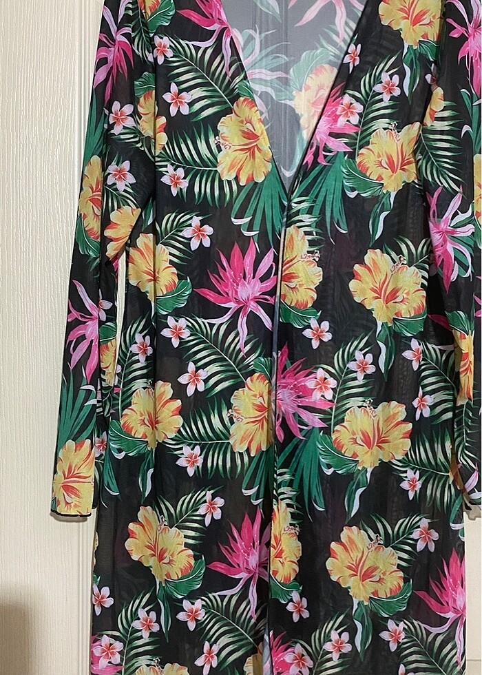 Tropikal Desenli tül kimono pareo - Görsel 3