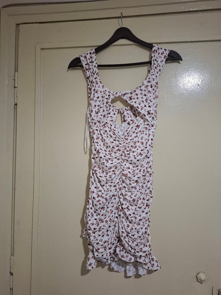 Drapeli Beyaz Mini V Yaka Elbise 85 cm - Görsel 2