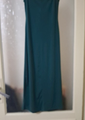 Klasik Şıklık Turkuaz Uzun Drapeli Elbise - Görsel 3