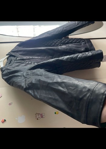 UNISEXSiyah Deri Biker Ceket - Görsel 5