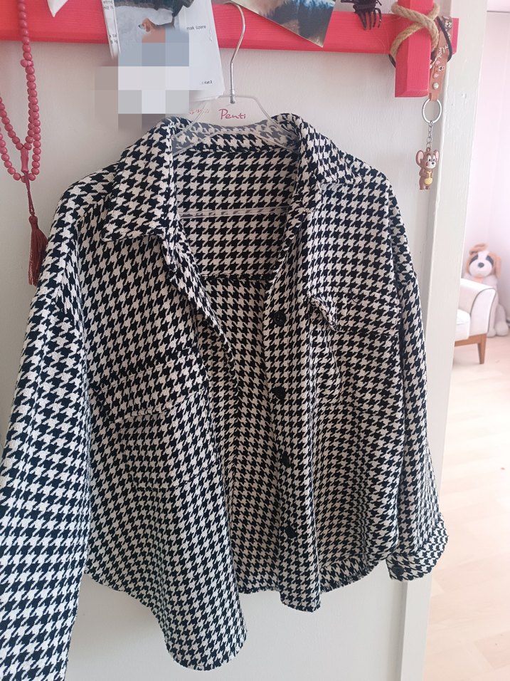 Düğmeli, Notch Yaka, kaz ayağı desenli gömlek - Görsel 2