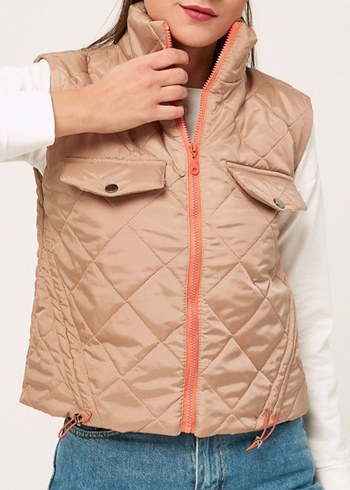 l Beden camel Renk FULLA MODA KAPİTONE ŞİŞME YELEK