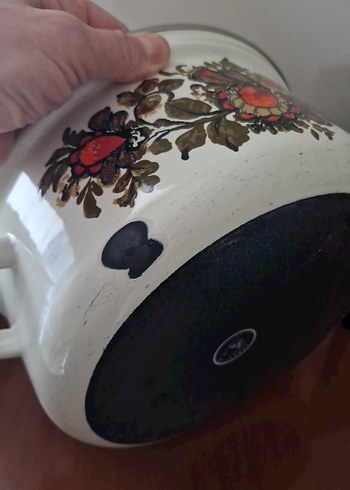 krem çiçek desenli kapaklı emaye tencere - Görsel 4