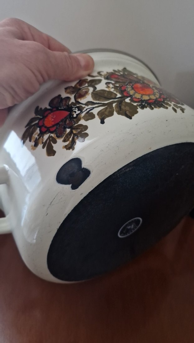 krem çiçek desenli kapaklı  emaye tencere - Görsel 4