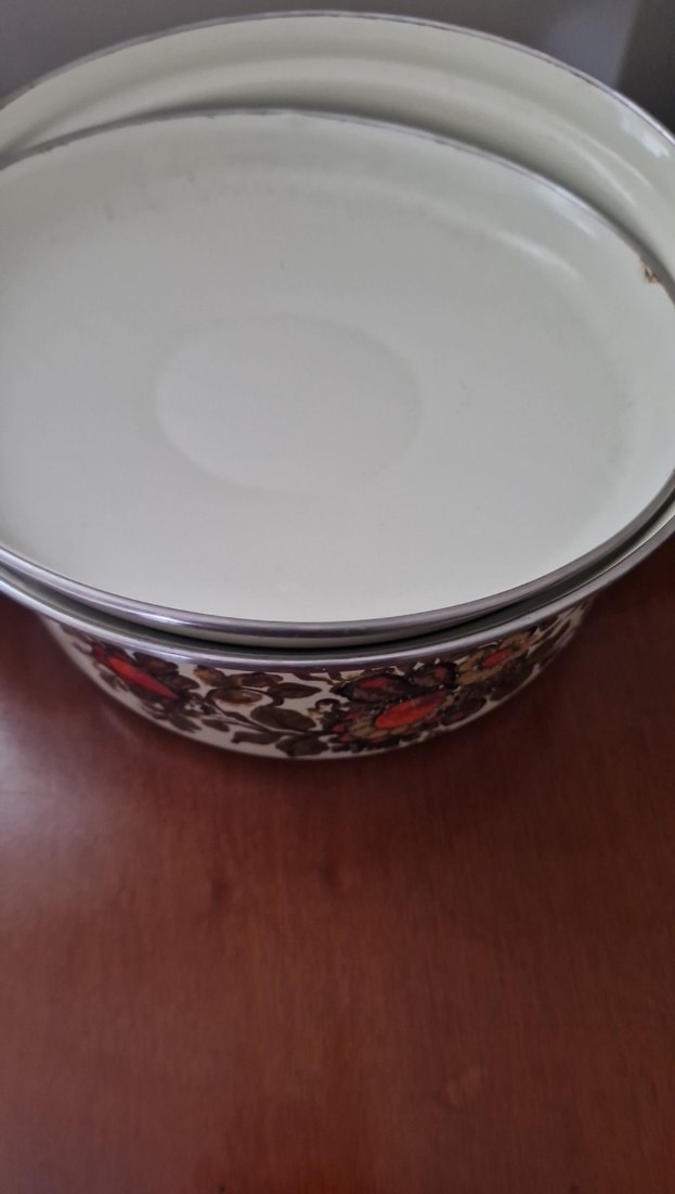 krem çiçek desenli kapaklı  emaye tencere - Görsel 3