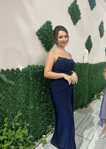 l Beden Parlak Lacivert Drapeli Uzun Abiye Elbise