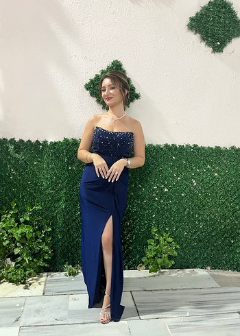 Parlak Lacivert Drapeli Uzun Abiye Elbise