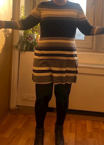 Lacivert  Çizgili Balıkçı Yaka Triko Elbise - Görsel 3