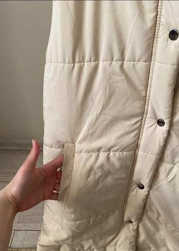 m Beden Çıtçıtlı kapişonlu bej şişme Yelek