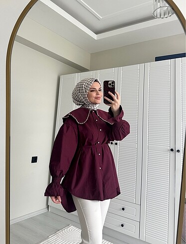 l Beden bordo Renk Taşlı bebe yaka gömlek