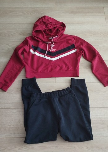Bordo Kapüşonlu Spor Sweatshirt ve eşofman altı - Görsel 5