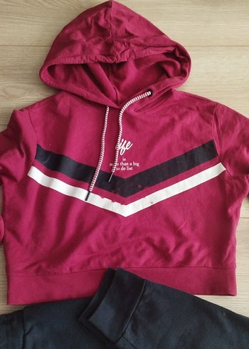 Bordo Kapüşonlu Spor Sweatshirt ve eşofman altı - Görsel 2