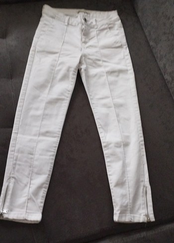 Kadın Beyaz Pamuklu Fermuarlı Beyaz kot Pantolon - Görsel 8